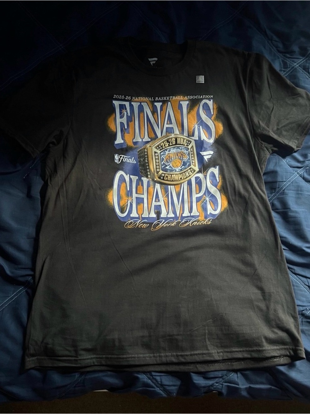Fanatics Black Knicks Finals Champs Graphic Tee with Blue and Gold Accents